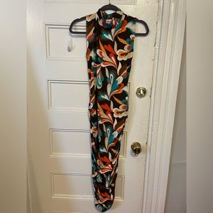 Multi color mock turtleneck maxi jersey dress with side ruching